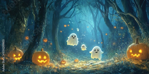 Charming and Whimsical Halloween Background Featuring Playful Ghosts and Spooky Pumpkins in a Mystical Forest Setting photo