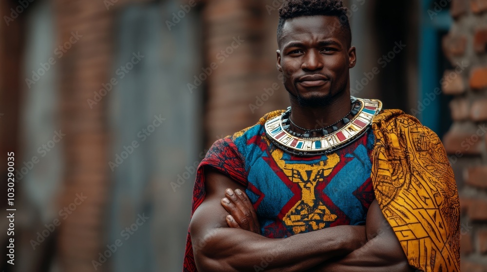Fototapeta premium African Man with Heroic Expression, Portrait of a Confident Male Generative AI
