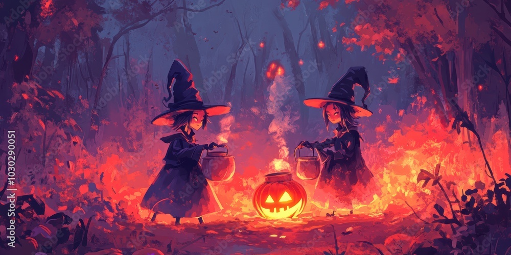 Fototapeta premium Charming Halloween Scene Featuring Enchanting Witches and a Spooky Pumpkin in a Mystical Forest Setting