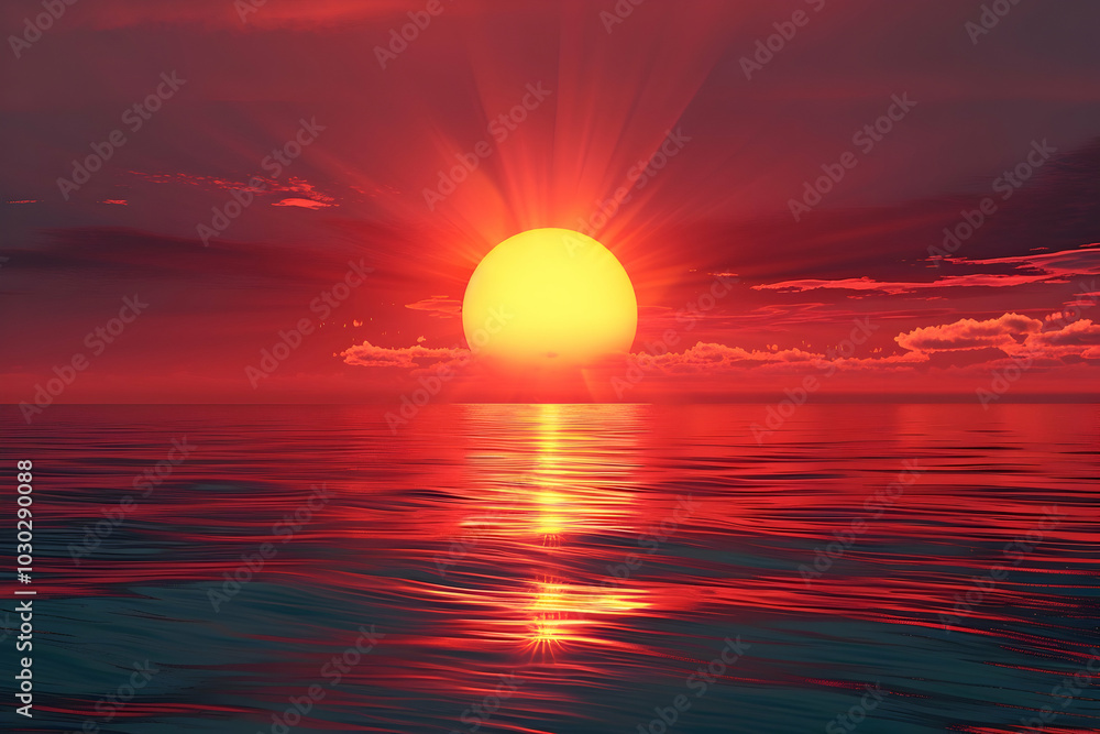 A red sunset over the ocean, with an orange sun in the center of the frame. A red sunset over the ocean, with an orange sun in the center of the frame.