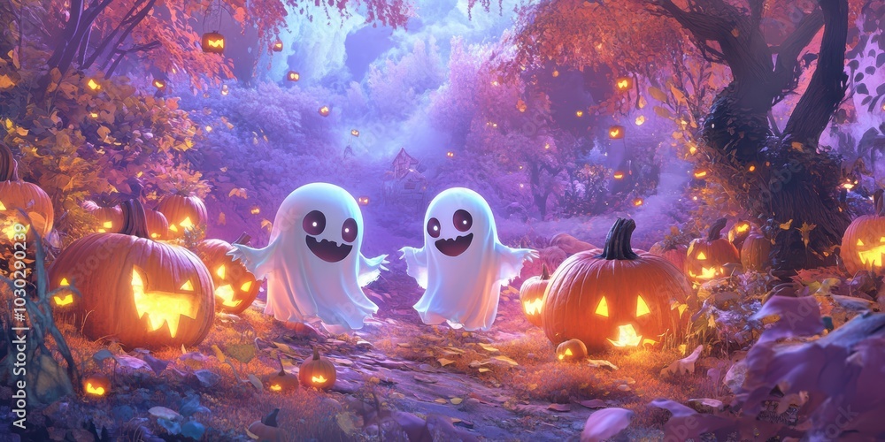 Whimsical and Adorable Halloween Background with Playful Ghosts and Glowing Pumpkins in a Spooky Forest Setting Whimsical and Adorable Halloween Background with Playful Ghosts and Glowing Pumpkins in a Spooky Forest Setting