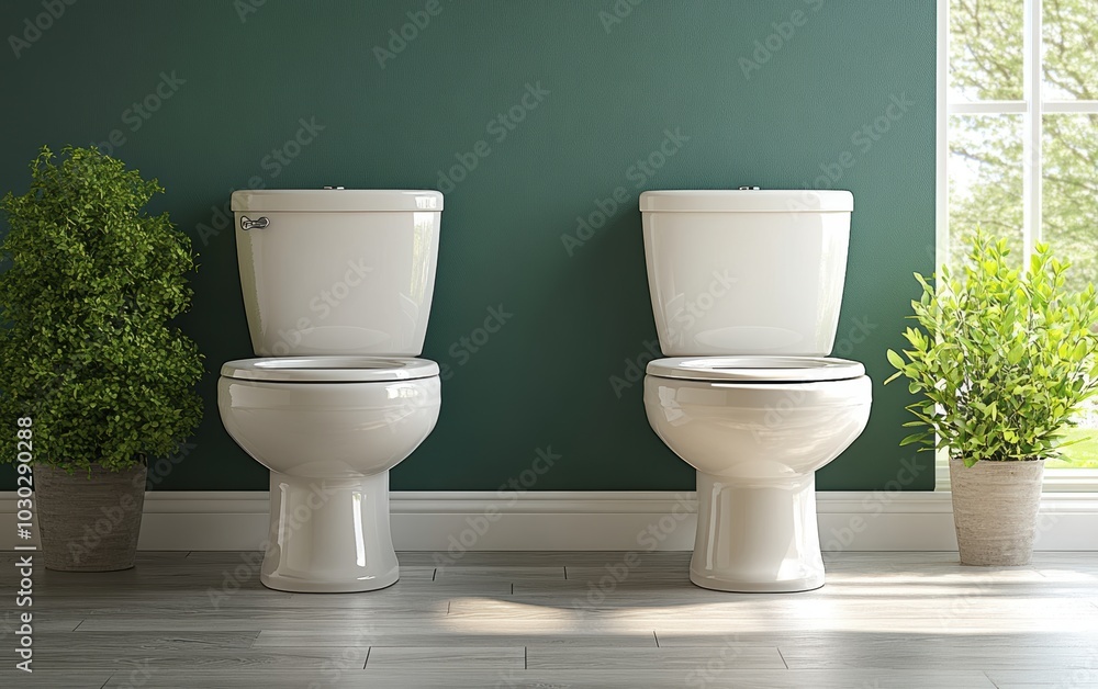 A Stunning Side-by-Side View of Elegant Toilets in a Tastefully Designed Bathroom Setting with Lush Greenery A Stunning Side-by-Side View of Elegant Toilets in a Tastefully Designed Bathroom Setting with Lush Greenery