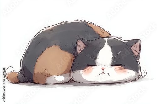 Calico cat peacefully sleeping curled up in a soft calm scene using warm colors and delicate lines to convey comfort serenity and restfulness in a soothing visual moment photo