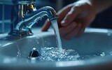Crystal-clear water cascading from a gleaming tap, a refreshing sight in the subdued light of a bathroom.  The gentle flow fills the sink.