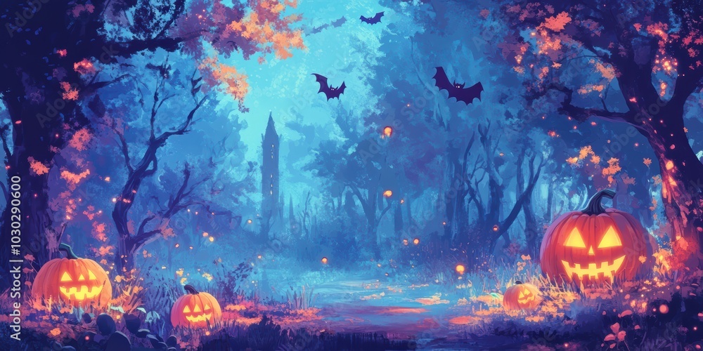 Obraz premium Charming Halloween Background with Spooky Pumpkins and Mystical Forest Vibes