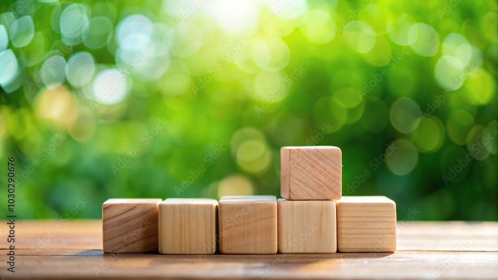 Wooden cubes on table with green bokeh background Wooden cubes on table with green bokeh background