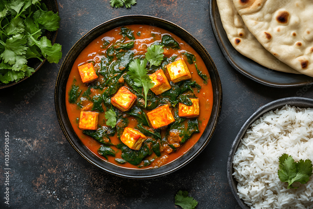 Indian Palak Paneer with Spinach and Cubes of Paneer Cheese A vibrant Indian curry made with spinach and paneer cheese, served with basmati rice and naan, Delicious Indian food photography Indian Palak Paneer with Spinach and Cubes of Paneer Cheese A vibrant Indian curry made with spinach and paneer cheese, served with basmati rice and naan, Delicious Indian food photography