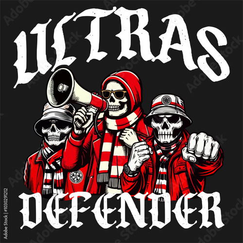 Illustration Vector of Football fans Ultras Hooligans Skull with Red white color