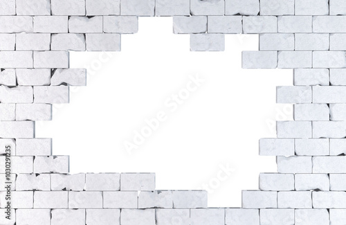Fototapeta Naklejka Na Ścianę i Meble -  Brick wall with a large hole. Isolated on white. 3d illustration