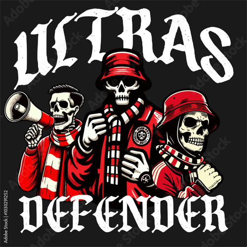 Illustration Vector of Football fans Ultras Hooligans Skull with Red white color