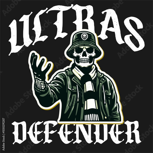 Illustration Vector of Ultras Hooligans Skull With Bucket hat with black white color