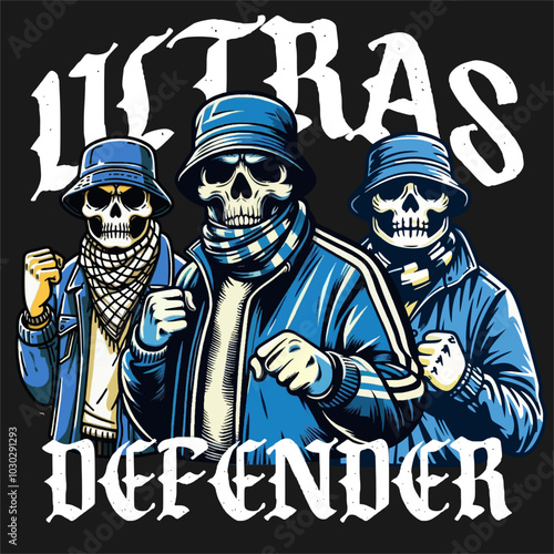 Illustration Vector of Group Football Fans ultras hooligan with skull Character in blue white color
