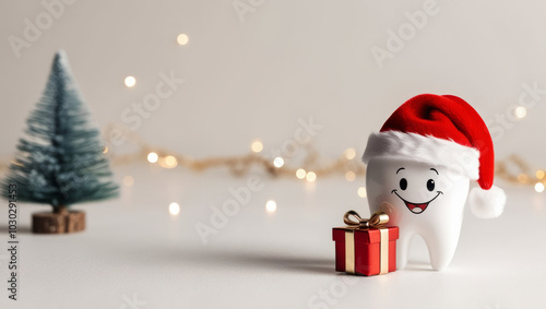 Chistmas cartoon tooth in red Santa Claus hat with red wrapped gift on festive background. Cartoon xmas stomatology banner. AI generated
