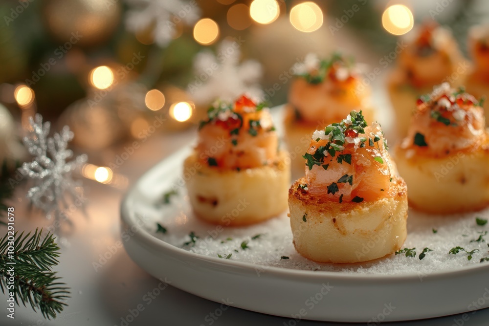 Obraz premium festive holiday catering, tiny christmas hors doeuvres on a white platter, with twinkling lights and snowflake decorations, capturing holiday magic