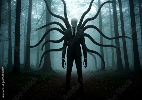 Slenderman surrounded by mist in the forest