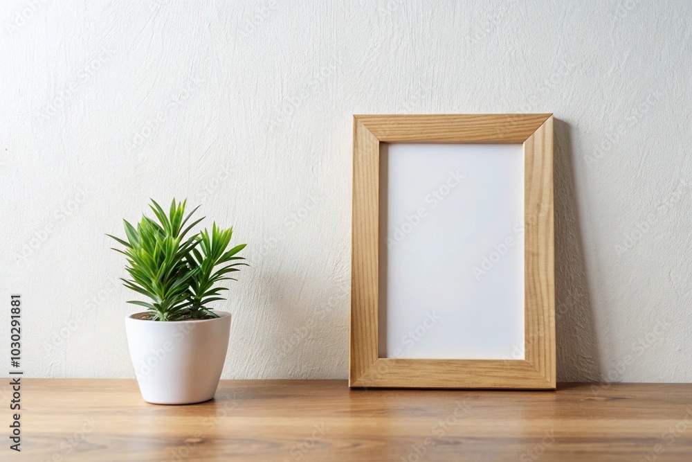 Wooden frame on white wall with plant in pot Wooden frame on white wall with plant in pot