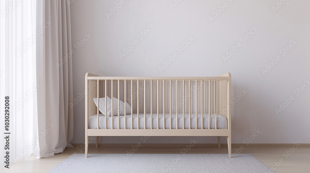 Minimalist nursery with a white crib, light wood furniture, and a soft gray rug on light wood floors Minimalist nursery with a white crib, light wood furniture, and a soft gray rug on light wood floors