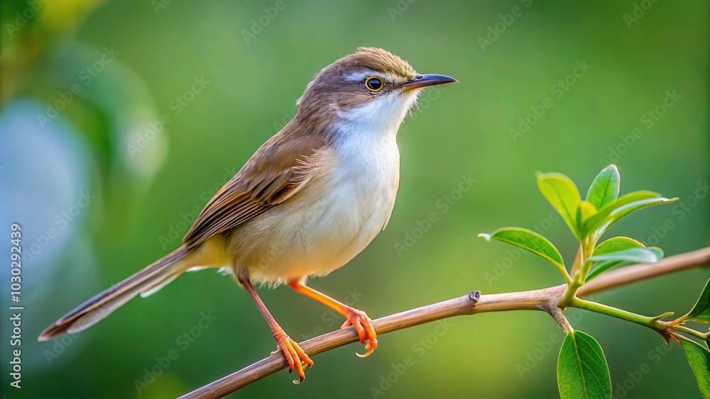 Fototapeta premium White browed Prinia perched on sunn hemp tree branch from high angle view