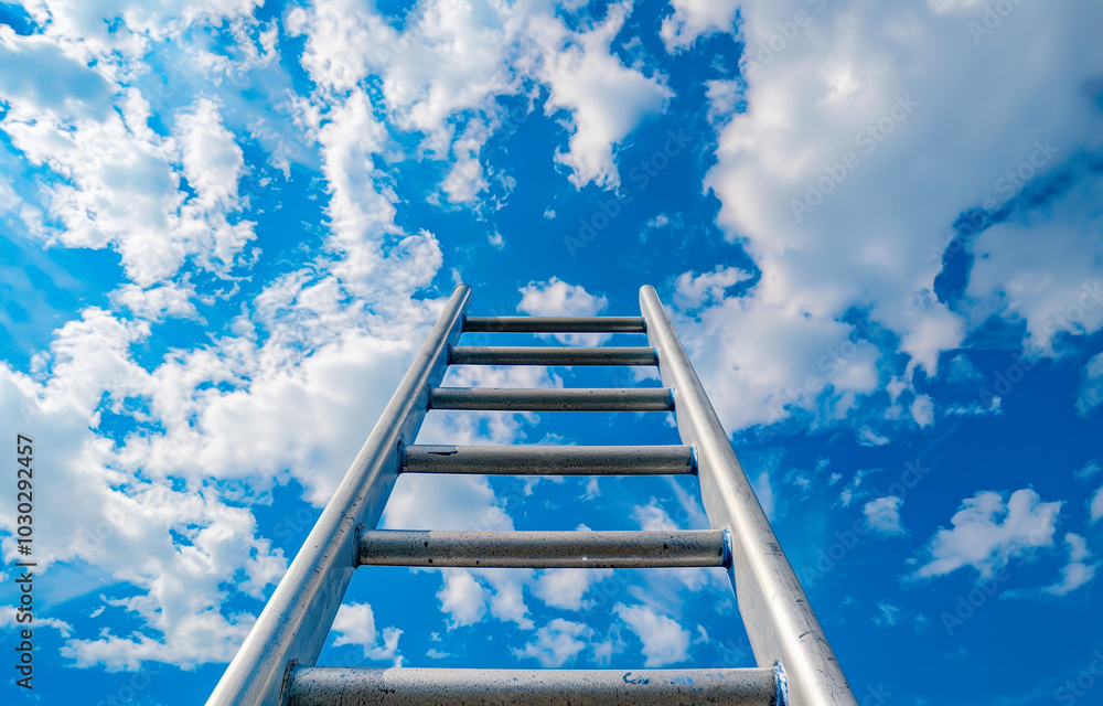 Ladder reaching towards a blue sky with fluffy white clouds Ladder reaching towards a blue sky with fluffy white clouds