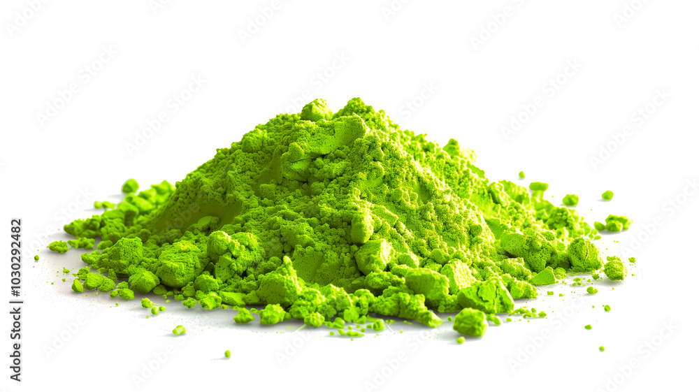 Pile of bright green powder on a white background Pile of bright green powder on a white background