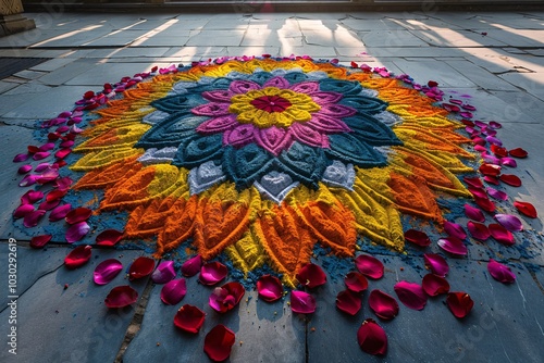 A vibrant rangoli made of colored powders and flower petals is displayed on stone pavement during a festival, showcasing intricate designs with bright colors and patterns that celebrate tradition photo