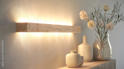 Wallpaper Mural Modern LED wall light featuring a solid wood shelf and an integrated USB charging port for added functionality and style. The fixture is designed with a sleek, rectangular LED light. 3d render. Torontodigital.ca