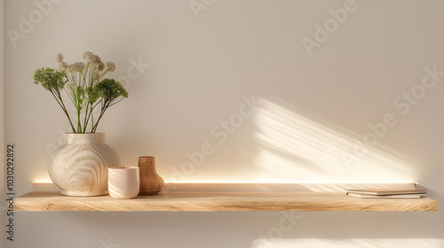 Fototapeta Naklejka Na Ścianę i Meble -  Modern LED wall light featuring a solid wood shelf and an integrated USB charging port for added functionality and style. The fixture is designed with a sleek, rectangular LED light. 3d render.