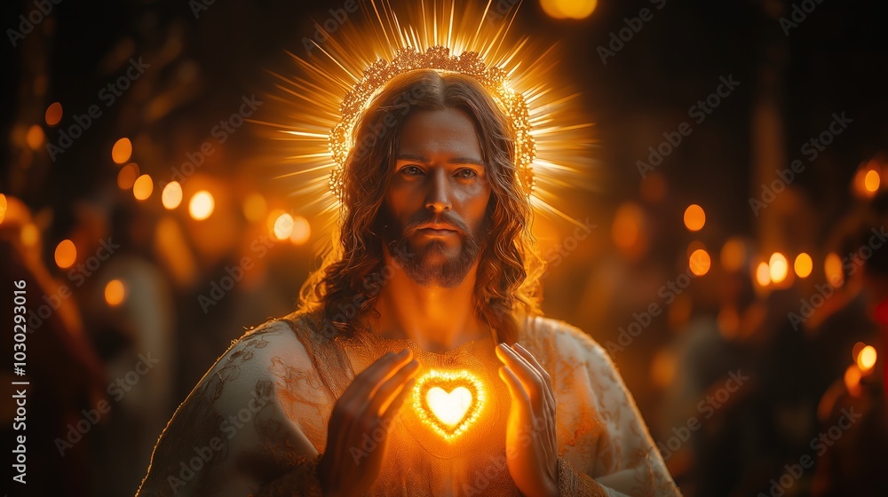 Sacred Heart of Jesus Glowing in Warm Candlelight at Religious Ceremony, Spirituality and Worship Sacred Heart of Jesus Glowing in Warm Candlelight at Religious Ceremony, Spirituality and Worship