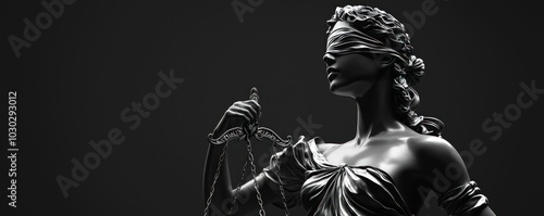 Lady Justice, blindfolded and balanced, set against a minimalist dark background to emphasize themes fairness and impartiality.