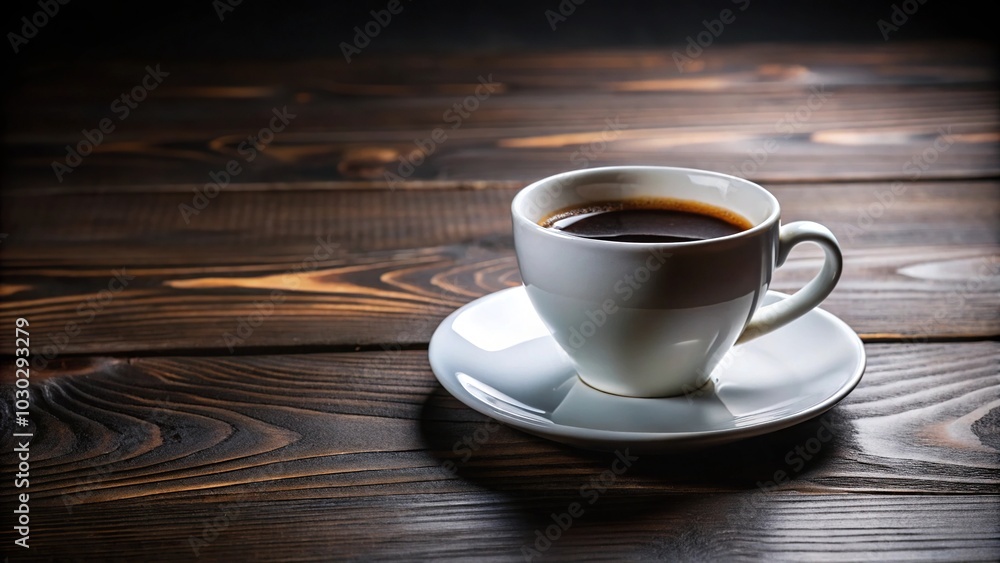 White ceramic cup with black coffee on a dark wooden table, cup half full, forced perspective White ceramic cup with black coffee on a dark wooden table, cup half full, forced perspective