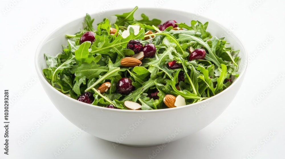 A gourmet salad bowl showcasing a mix of arugula, nuts, and cranberries, beautifully arranged on a white background for a sophisticated touch. A gourmet salad bowl showcasing a mix of arugula, nuts, and cranberries, beautifully arranged on a white background for a sophisticated touch.