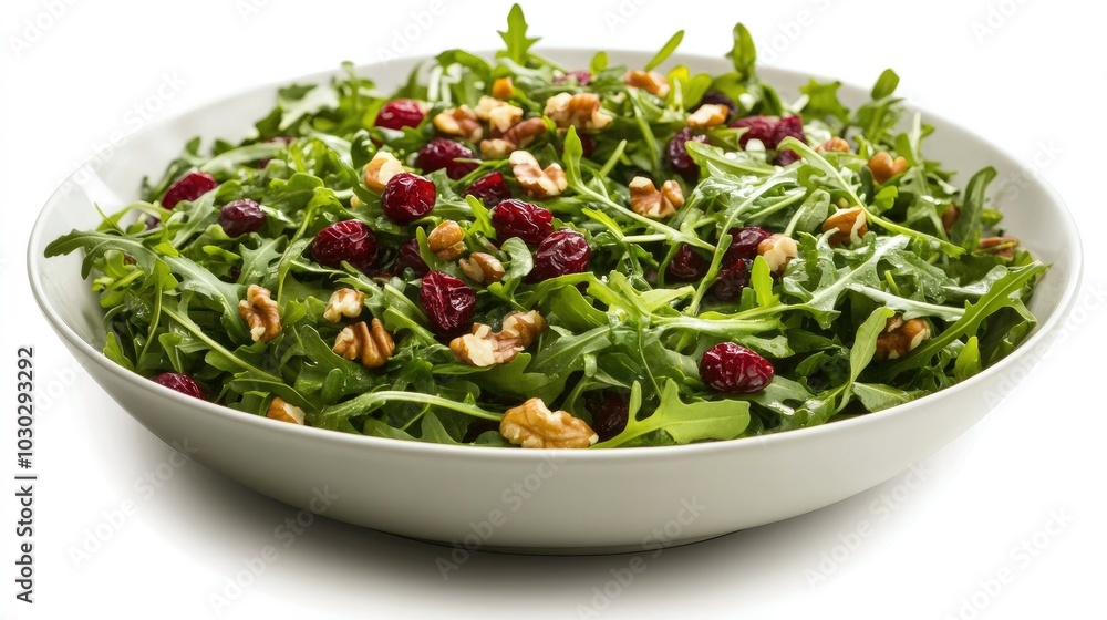 A gourmet salad bowl showcasing a mix of arugula, nuts, and cranberries, beautifully arranged on a white background for a sophisticated touch. A gourmet salad bowl showcasing a mix of arugula, nuts, and cranberries, beautifully arranged on a white background for a sophisticated touch.