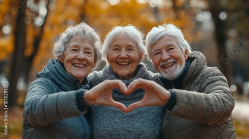 elder friends making a heart shape with their hands in the park