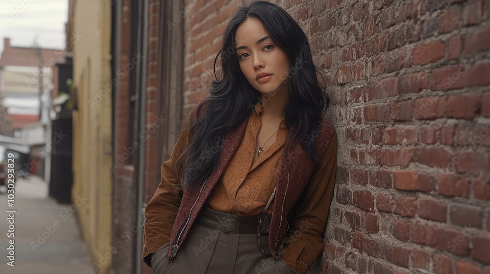 Naklejka premium Stylish Woman Posing Against Brick Wall in Urban Setting