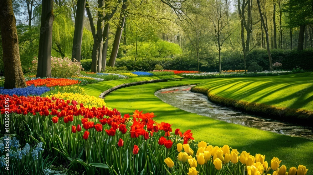 Obraz premium Bursting with Blooms: Exploring Keukenhof Park's Diverse Floral Tapestry in Vibrant