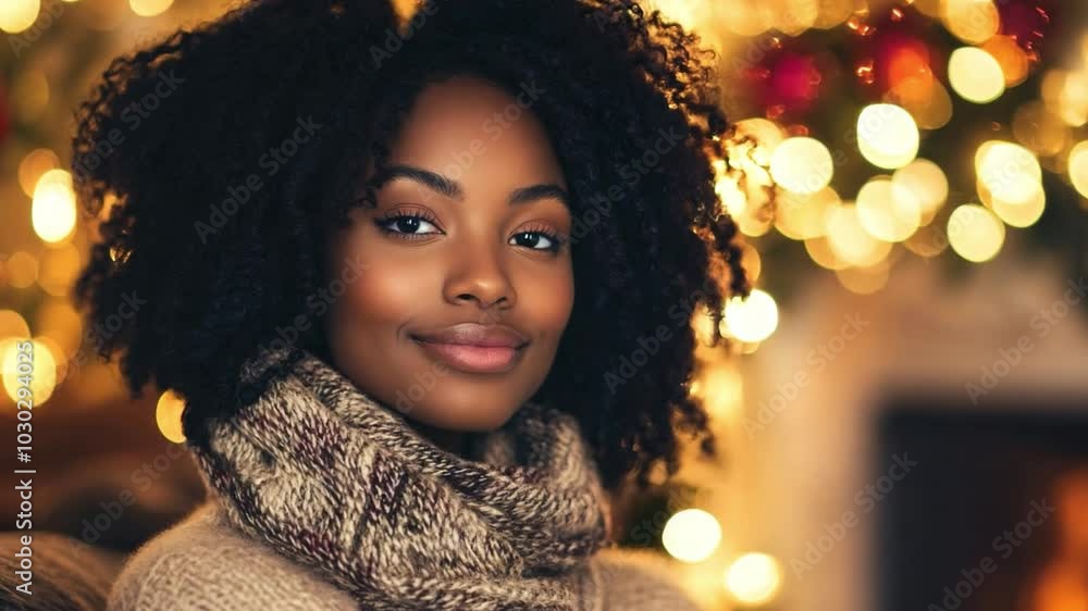 A Christmas portrait of a black woman in cozy attire, posing in front of a decorated tree during the festive season A Christmas portrait of a black woman in cozy attire, posing in front of a decorated tree during the festive season