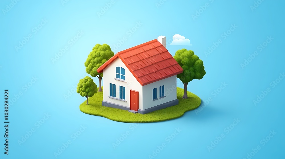 Gorgeous 3D House Scene with Red Roof and Trees Art Gorgeous 3D House Scene with Red Roof and Trees Art