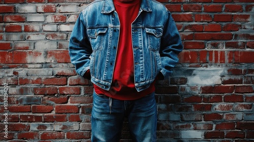 Casual Style with Denim Jacket Against Brick Wall