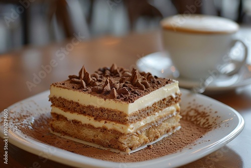 A delightful serving of tiramisu sits on a plate, dusted with cocoa powder, next to a steaming cup of cappuccino in a welcoming cafe, perfect for a midday treat