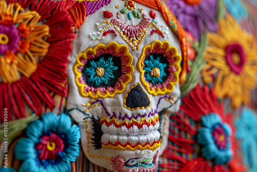 Fototapeta premium Traditional mexican day of dead celebration, people in costumes with face art paint make up, Generative AI