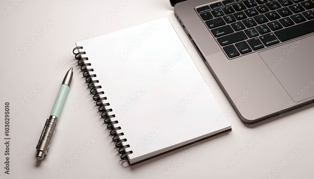 Minimalist workspace with notebook, pen, and laptop on white background with copy space Minimalist workspace with notebook, pen, and laptop on white background with copy space