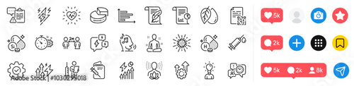Stress, Energy inflation and Vaccination passport line icons pack. Social media icons. Yoga, Social distancing, Cogwheel timer web icon. Vector