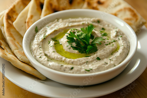 Lebanese Baba Ganoush with Pita Bread and Olive Oil Drizzle Smoky roasted eggplant dip, baba ganoush, served with warm pita bread and an olive oil drizzle, Delicious Lebanese food photography