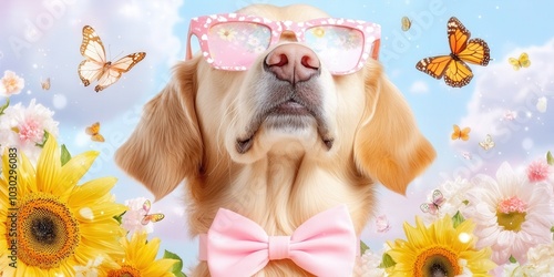 Golden retriever in sunglasses amidst sunflowers and butterflies in a whimsical spring scene