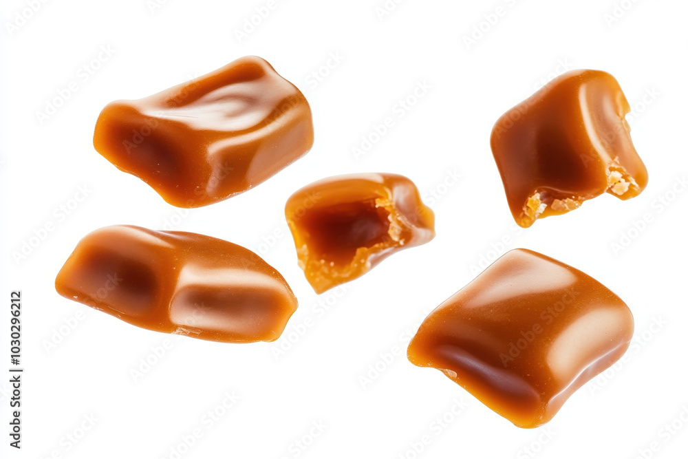 Obraz premium Delightful chewy caramels scattered artfully on a white background showcasing their glossy texture