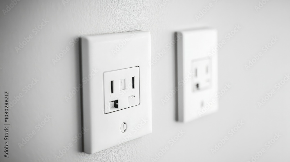 A close-up view of two white electrical outlets mounted on a clean white wall, showcasing their simplicity and functionality, perfect for electrical or home improvement themes. A close-up view of two white electrical outlets mounted on a clean white wall, showcasing their simplicity and functionality, perfect for electrical or home improvement themes.