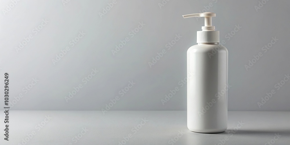 White cosmetic bottle with pump dispenser on plain background White cosmetic bottle with pump dispenser on plain background