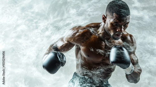 Dynamic waist-up portrait of a focused male boxer in a powerful fighting stance showcasing strength and determination photo