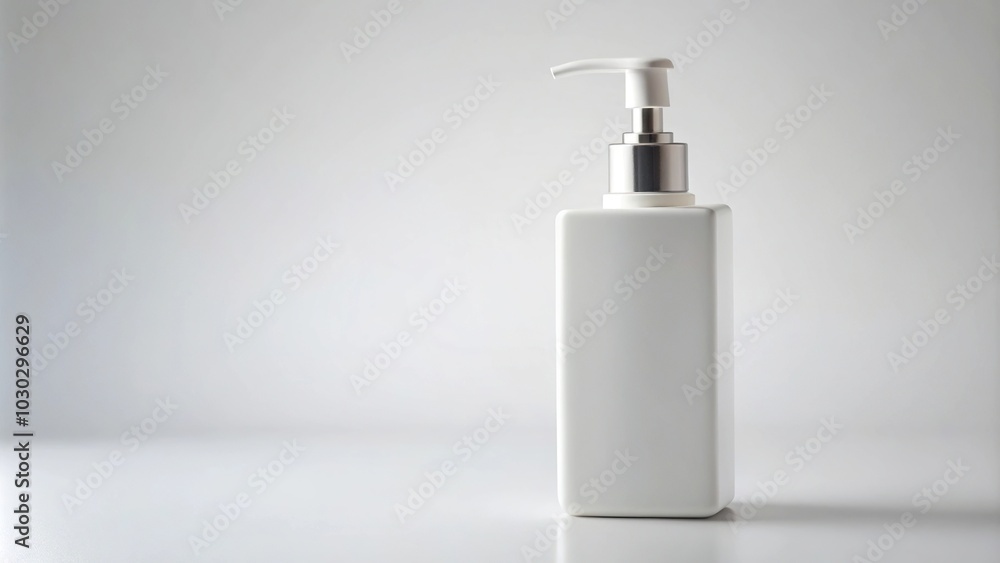 White cosmetic dispenser pump with rectangular container viewed from the front angle White cosmetic dispenser pump with rectangular container viewed from the front angle