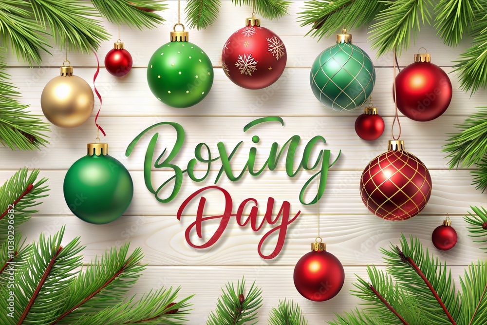 Christmas ornaments with boxing day text on white wooden background Christmas ornaments with boxing day text on white wooden background